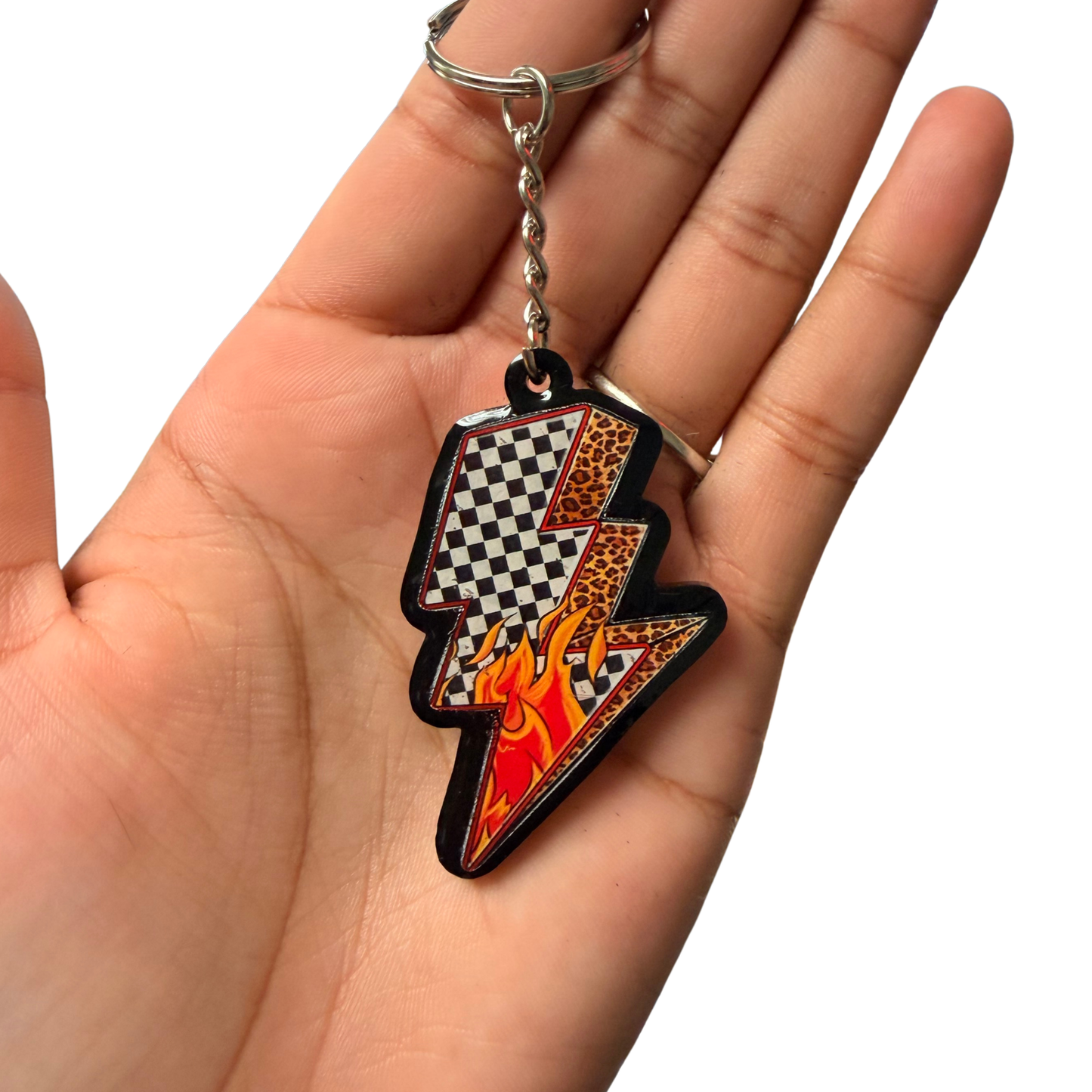 Racing Rebel Lightning Bolt Acrylic Keychain – Checkerboard, Leopard Print & Flames