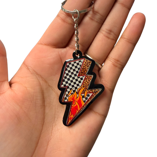 Racing Rebel Lightning Bolt Acrylic Keychain – Checkerboard, Leopard Print & Flames
